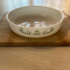 milk glass Pyrex green daisy bowl 9.5 inches wide, 2.75 inches deep 429 vintage